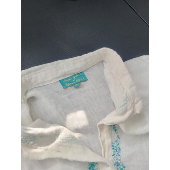 Antica Sartoria Beaded Embroidered Button Down Linen Tunic Size XL White Coastal - Picture 9 of 14